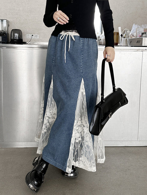 Cross Border Lace Denim Skirt
