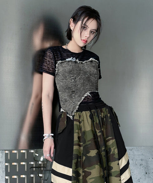 Denim Corset Mesh T-Shirts