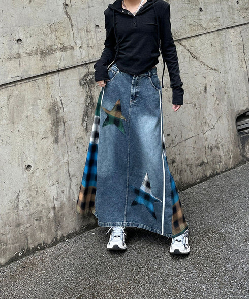 Denim Patchwork Check Skirt