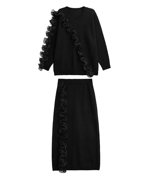 Ruffle Line Sweater & Skirt