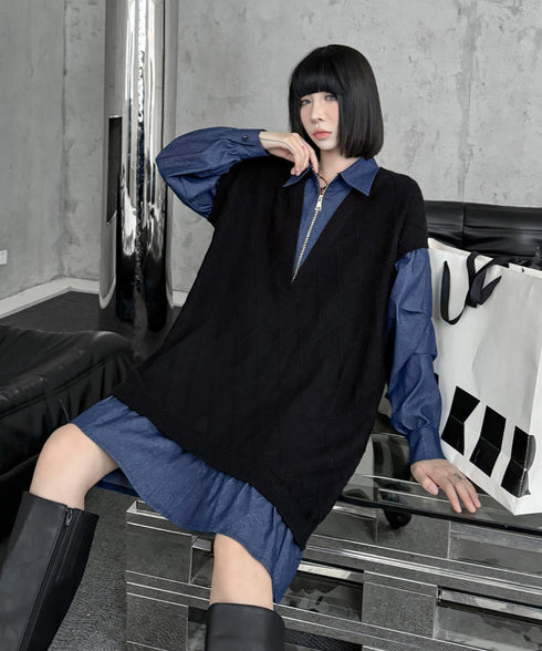 Knit Switch Denim Dress