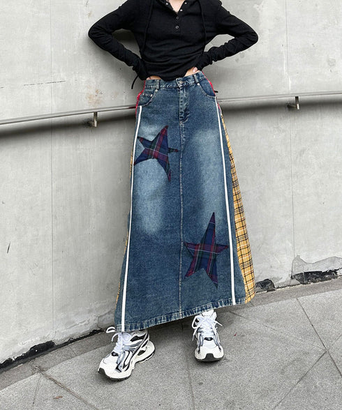 Denim Patchwork Check Skirt