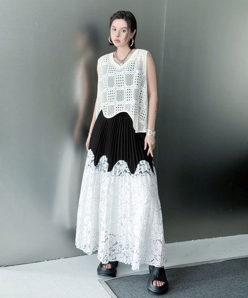 Bicolor Pleated Lace Skirt