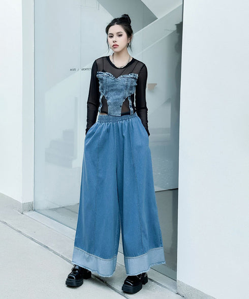 Stitch Contrast Color Wide Denim