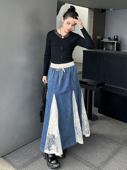 Cross Border Lace Denim Skirt