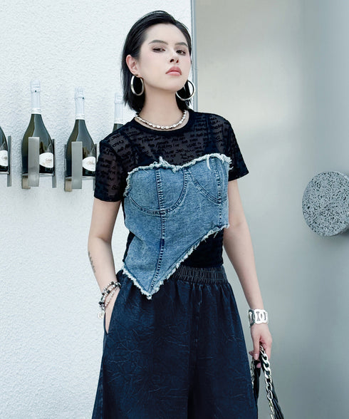 Denim Corset Mesh T-Shirts