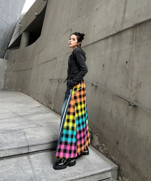 Denim Patchwork Check Skirt