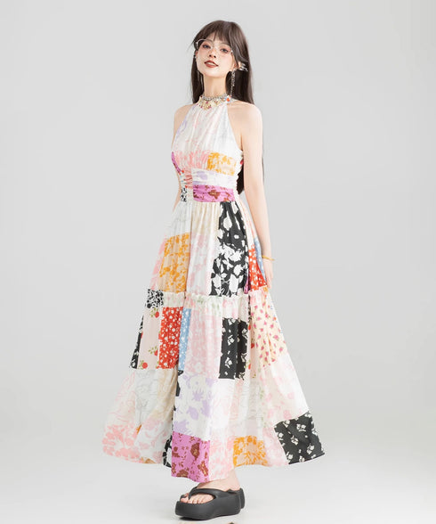 Patchwork Halter Maxi Dress