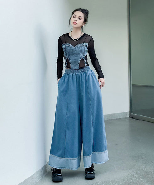 Stitch Contrast Color Wide Denim