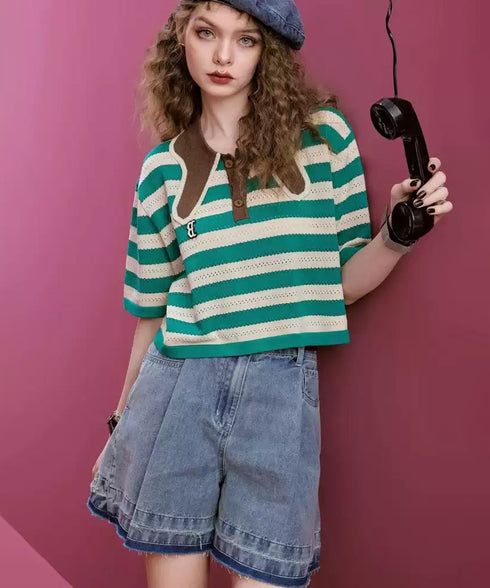 Stripe Collar Polo Top