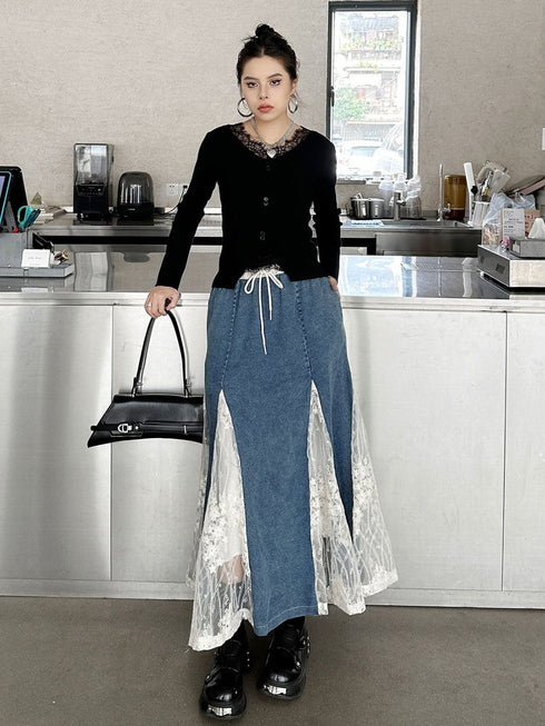 Cross Border Lace Denim Skirt