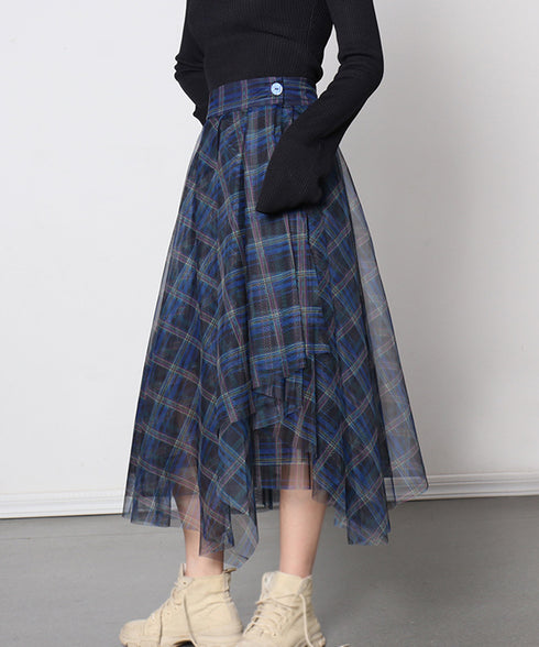 Madras Check Tulle Mesh Skirt