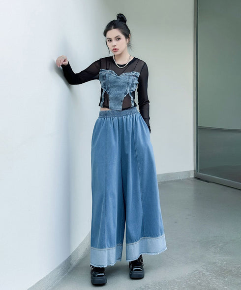 Stitch Contrast Color Wide Denim