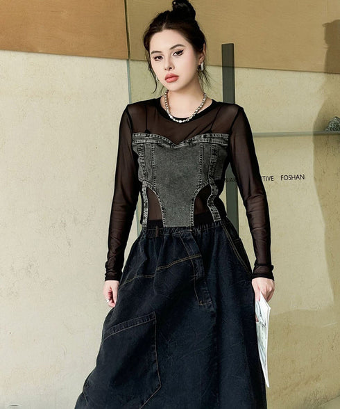 Denim Switch See-Through Top