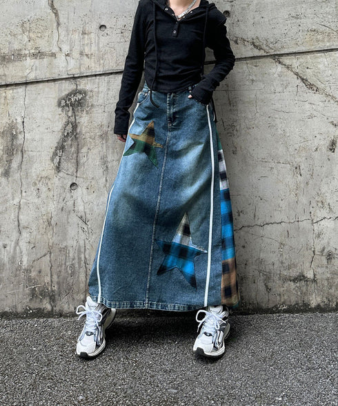 Denim Patchwork Check Skirt