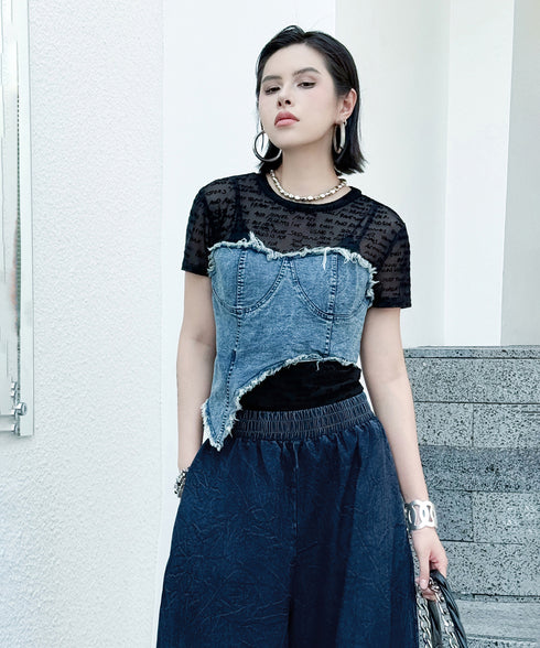 Denim Corset Mesh T-Shirts