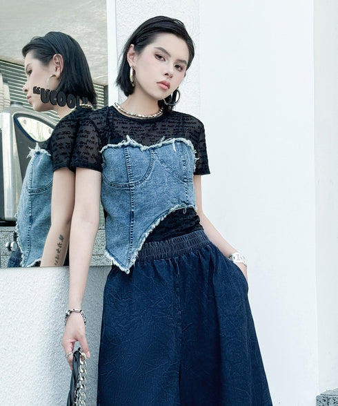Denim Corset Mesh T-Shirts