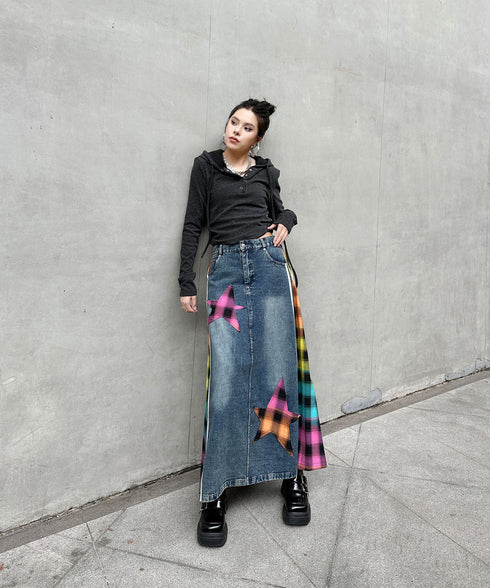 Denim Patchwork Check Skirt