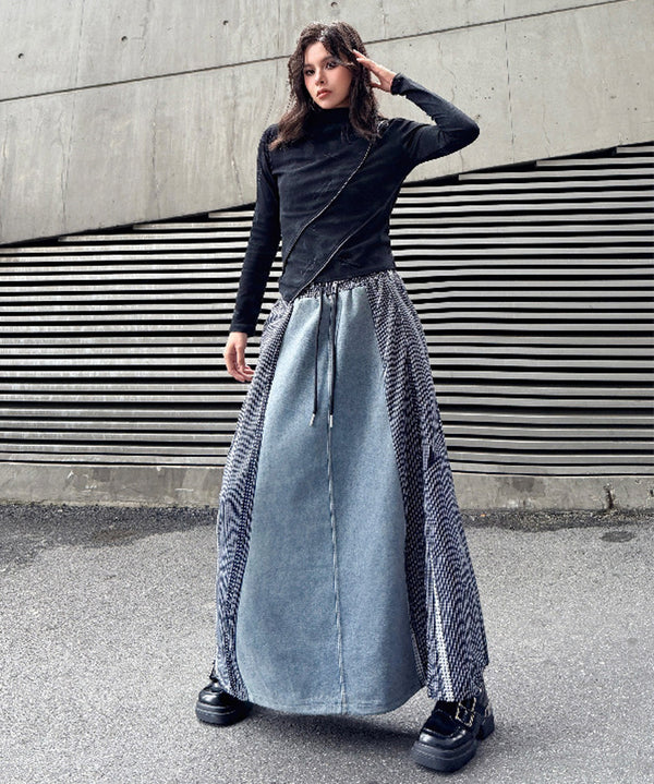 Check Splice Maxi Skirt Black 正面
