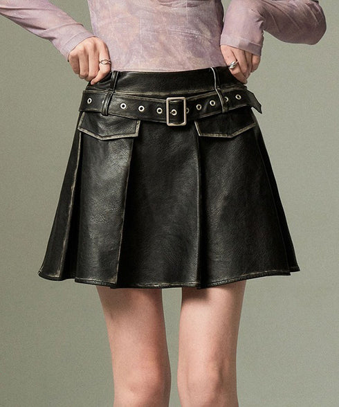 Box Pleat Faux Leather Skirt