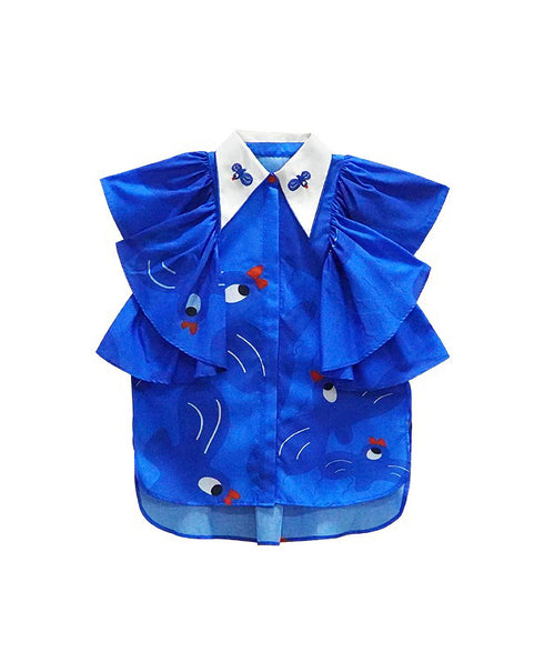Blue Bird Ruffle Sleeve Blouse