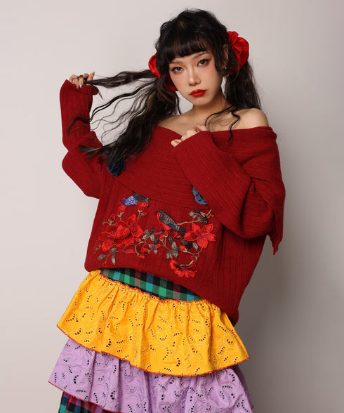 Embroidered Flower Off-Shoulder Knit