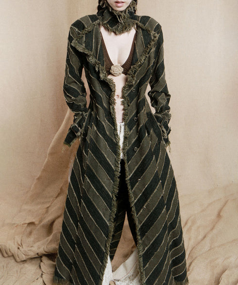 Diagonal Striped Denim Long Coat