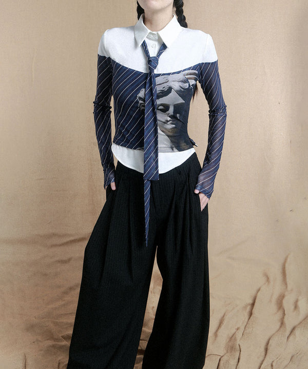 Diagonal Striped Tie Blouse