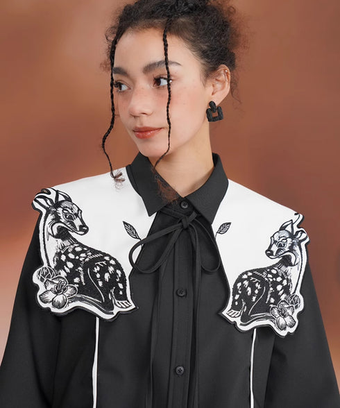 Deer Embroidery Collar Blouse
