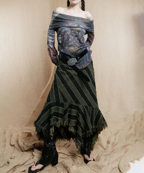 Diagonal Striped Denim Skirt