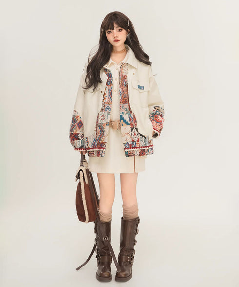 Jacquard Splicing Faux Leather Jacket