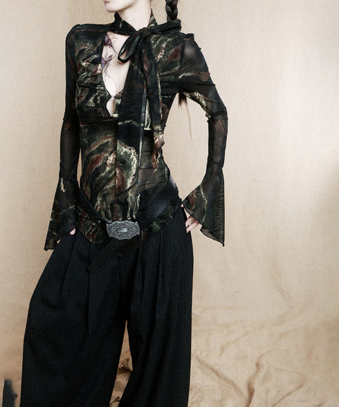 Low-neck Bow See-through Top