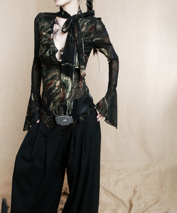 Low-neck Bow See-through Top