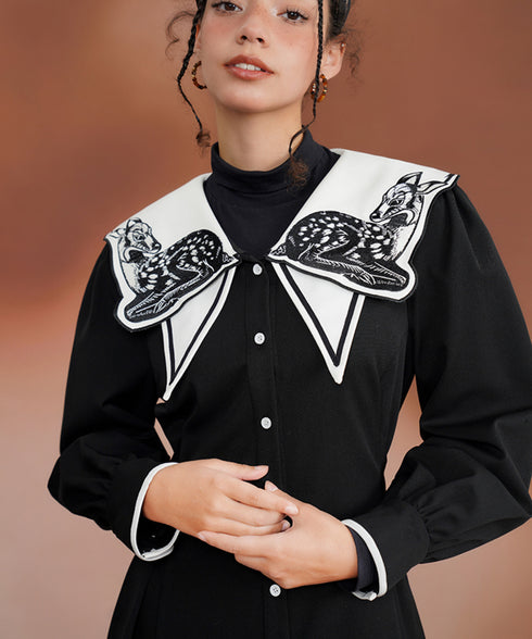 Deer Embroidery Collar Dress