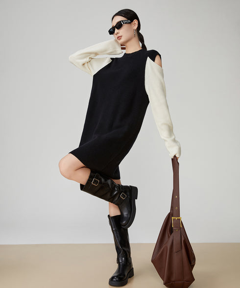 Contrast Color Off-shoulder Knit Dress