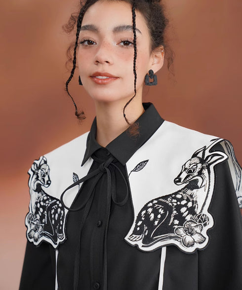 Deer Embroidery Collar Blouse