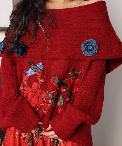 Embroidered Flower Off-Shoulder Knit
