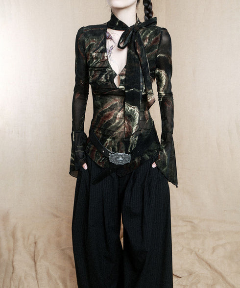 Low-neck Bow See-through Top