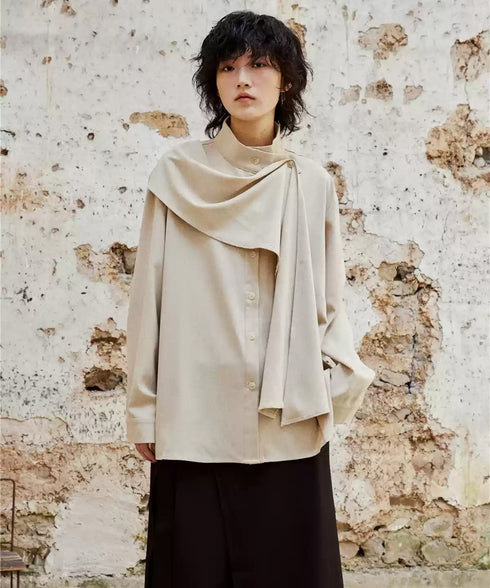 Cross Stand Collar Scarf Blouse