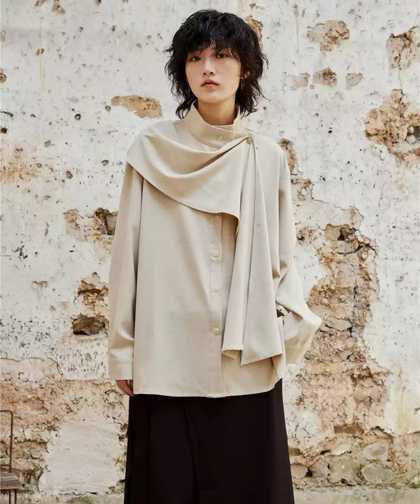 Cross Stand Collar Scarf Blouse