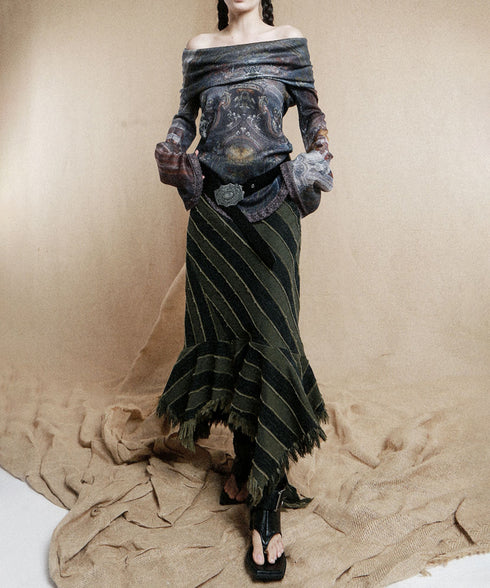 Diagonal Striped Denim Skirt