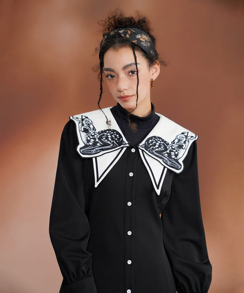 Deer Embroidery Collar Dress