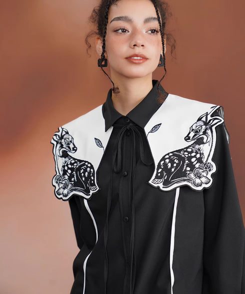 Deer Embroidery Collar Blouse