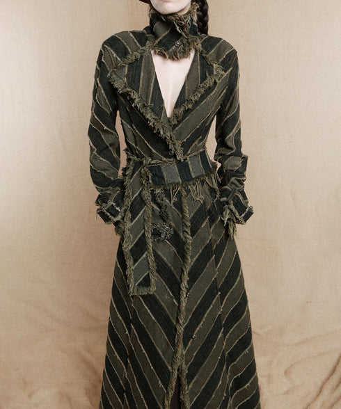 Diagonal Striped Denim Long Coat