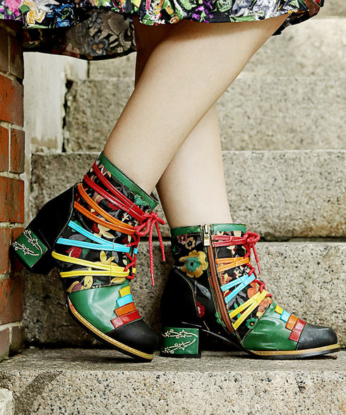 Colorful Strap Flower Short Boots