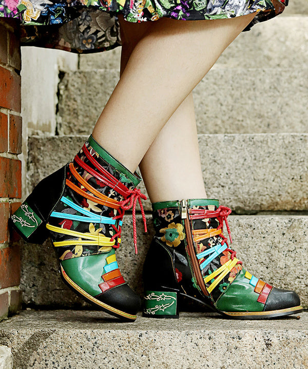 Colorful Strap Flower Short Boots