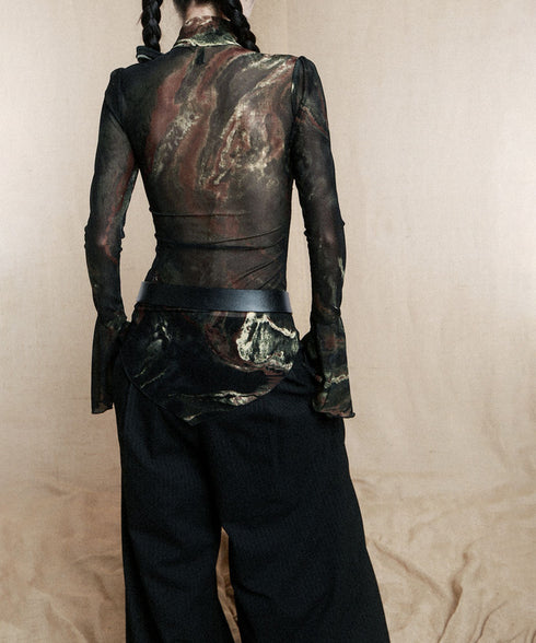 Low-neck Bow See-through Top