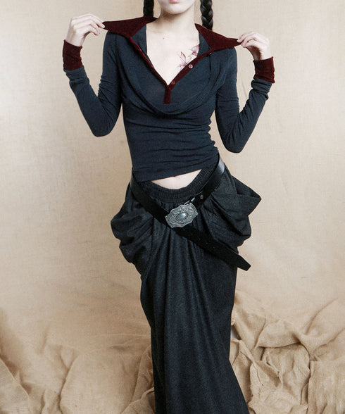 Faux Layered Open Collar Top