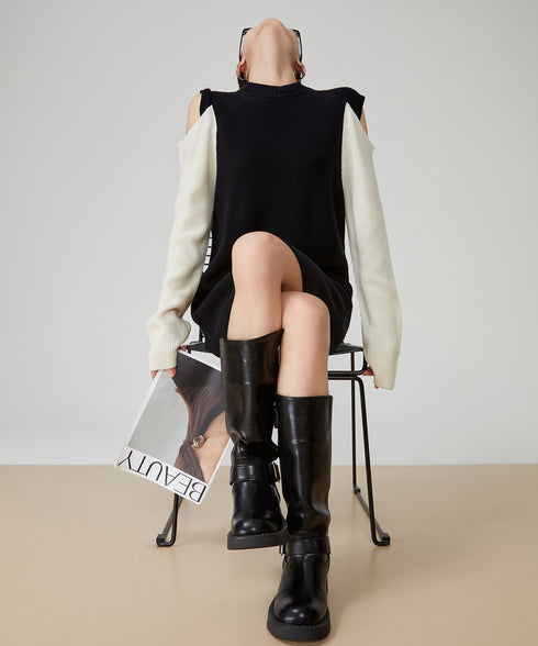 Contrast Color Off-shoulder Knit Dress