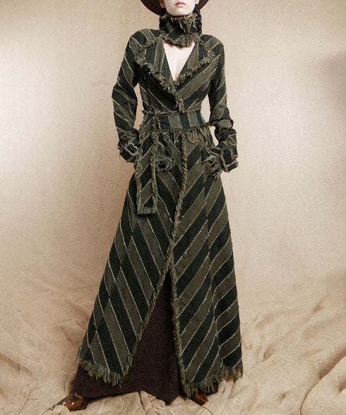 Diagonal Striped Denim Long Coat